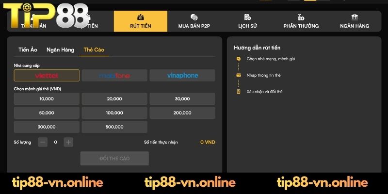 Rút tiền TIP88 – Hướng Dẫn Giao Dịch An Toàn Cho Hội Viên Các phương thức rút tiền TIP88 phổ biến hiện nay